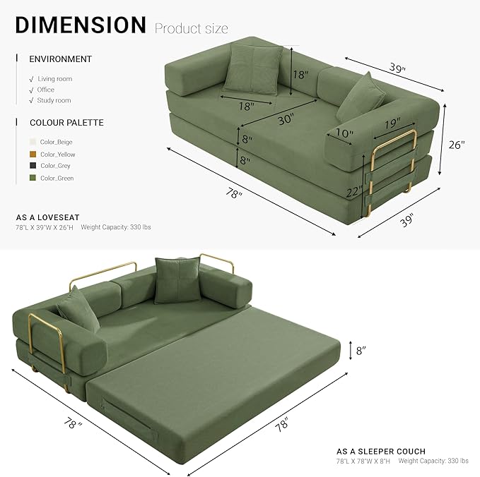 78" Convertible Sleeper Sofa Bed, Corduroy Folding Sofa Bed with Fixed-Shape Frame, Fold Out Floor Mattress Couch, Lazy Compression Sofas for Living Room, Bedroom, No Assembly Required, Green