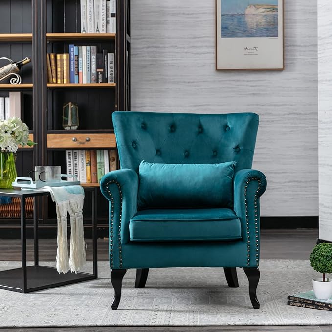 LZAREAL Accent Reading Arm Chairs for Living Room Bedroom, Midcentury Modern Comfy Corner Sofa Chair, Wingback Waiting Room Club Chair with Button Tufted Back &Lumbar Pillow, Velvet Teal
