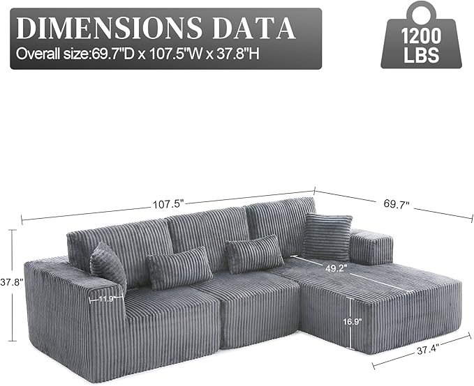 HYJT-H&K Modular Sectional Sofa Cloud Sectional Couch, 107" Comfy Fluffy L Shaped Dark Grey Couches for Living Room, Deep Seat Memory Foam Plush Corduroy Boneless Couch Sectionals Right Facing Chaise