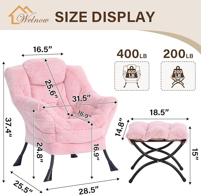 Welnow Lazy Chair with Ottoman, Modern Lounge Accent Chair with Armrests and a Side Pocket, Leisure Sofa Armchair Set, Reading Armchair with Footrest for Small Space, Plush Pink