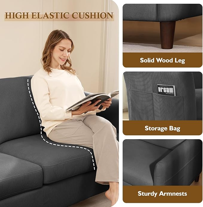 Corduroy Loveseat Sofa, Modern Comfy Couches with Side Pocket, Cloud Sofa Couch for Living Room, Bedroom and Small Spaces,Grey