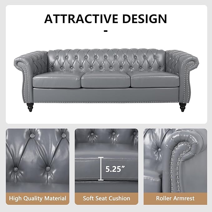 QHITTY Accent Large Sofa, Chesterfield Couch 3 Seater Modern Leather Couch Upholstered Sofa with Tufted Back for Living Room Furniture (Grey)