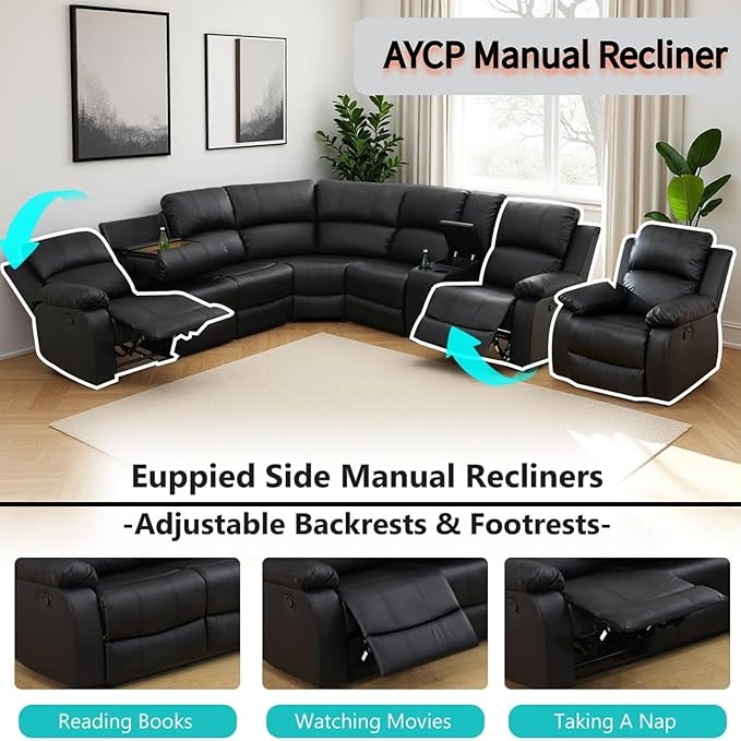 Manual Reclining Sofa Set with Drop-Down Table, Corduroy Sofa Sets, Living Room Furniture Sets, Modern Manual Recliner Sofa Sets with Storage Console for Living Room (Black, Sectional+Chair)