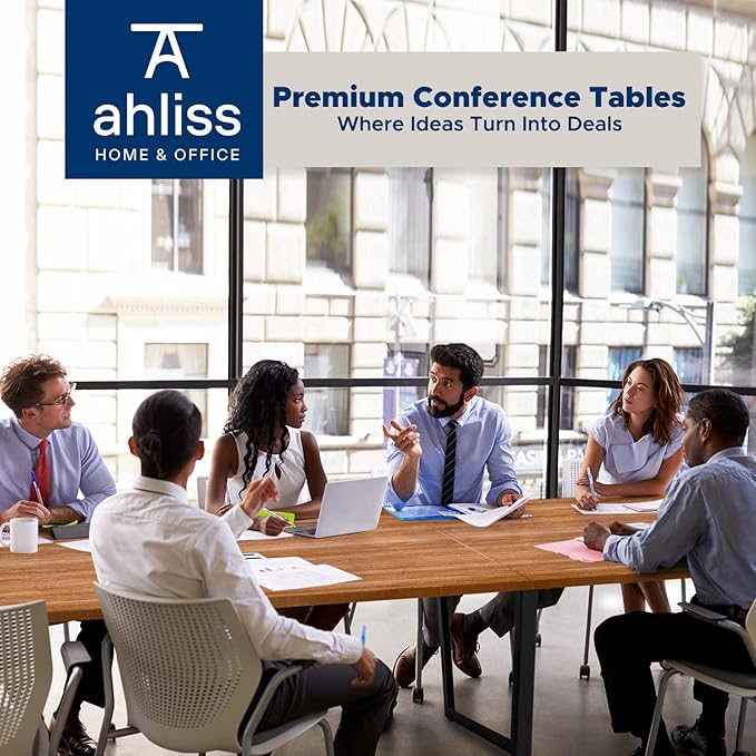 ahliss Sturdy Conference Table with Cable Management Grommets Modern Rectangle Office Meeting Table with Wood Tabletop and Metal Frame & Legs- Easy Assembly Boardroom Table (Natural, 12 Foot)
