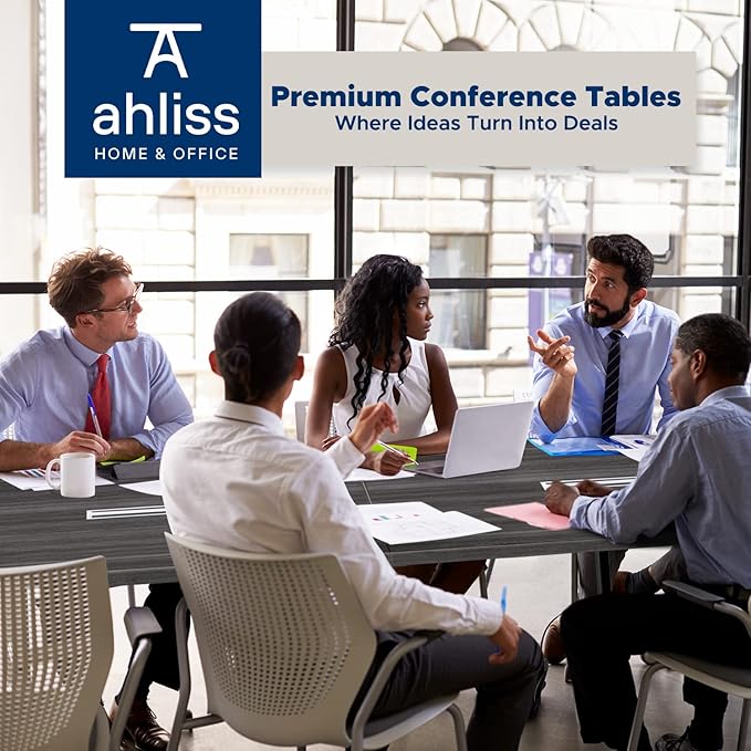 ahliss Sturdy Conference Table with Cable Management Grommets Modern Rectangle Office Meeting Table with Wood Tabletop and Metal Frame & Legs- Easy Assembly Boardroom Table (Grey, 10 Foot)