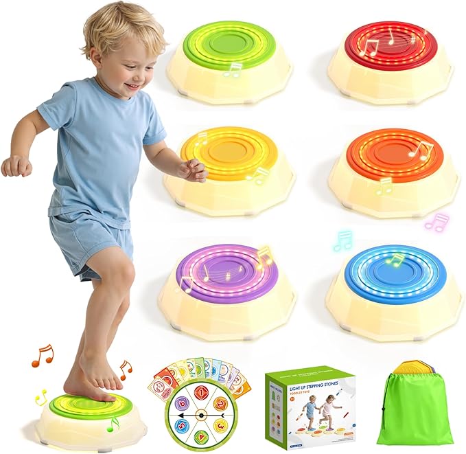 HYES Light Up Stepping Stones for Kids - 6 PCS Non-Slip Musical Stackable Step Stones, Toddler Obstacle Course Sensory Toys, Indoor Outdoor Jumping Play 1-3 Years Old Boys Girls Birthday Gifts