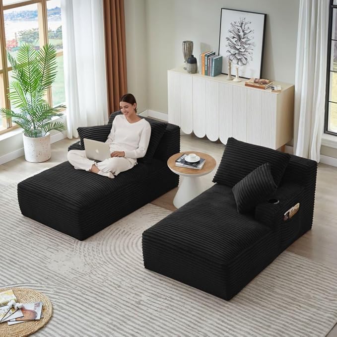 71" Oversized Double Chaise Lounge Sofa Indoor Boneless Sleeper Daybed, Fluffy Corduroy Upholstered Compressed Cloud Couch Loveseat Sofabed, Floor Chair w/Cupholders, Side Pockets for Living Room