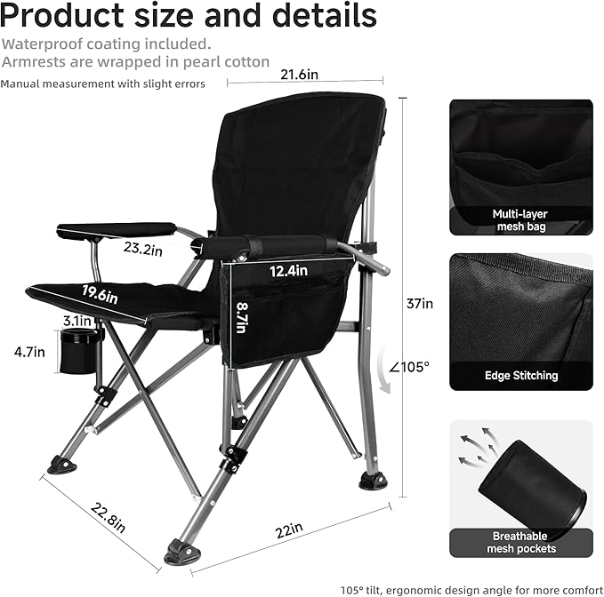 Folding Camping Chair with Cup Holder and Storage Bag, Heavy Duty Support 400 LBS, Oversized Collapsible Portable Camping Chair for Outdoor Camp, Picnic, Travel, Fishing Black