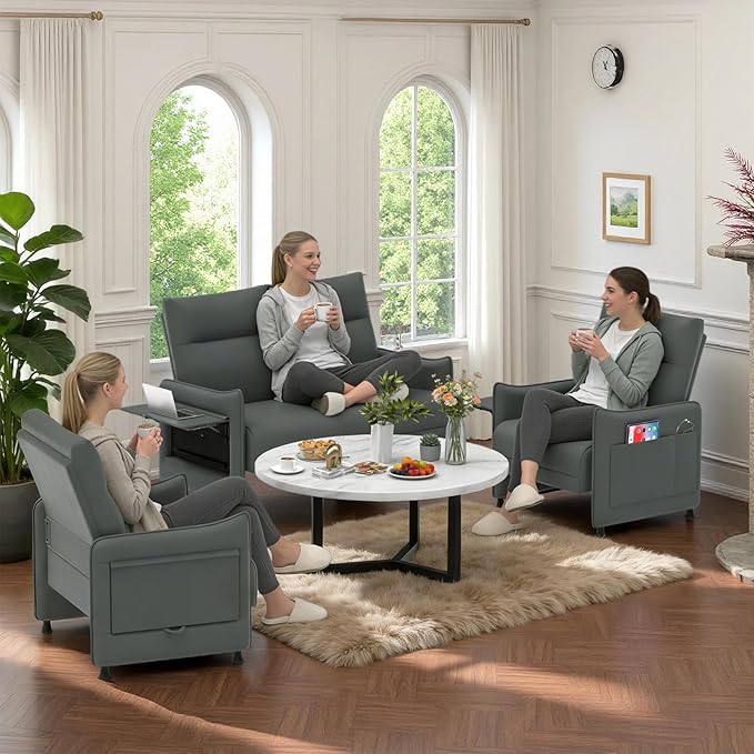 3-Piece Living Room Sofa Set, Faux Leather Loveseat & Accent Chairs Set of 2 with Hidden Foldable Tray & Side Pocket, Front Contour Arm Design, Upholstered Sofa Set for Office, Gray