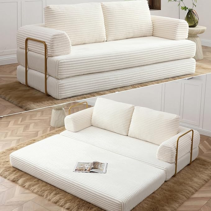 HANXIN 80 Inch Convertible Sleeper Sofa Bed, High Back Plush Corduroy Folding Floor Mattress Couch with Fixed-Shape Frame, Boneless Futon Loveseat with Pull Out Bed (Beige, 80" Loveseat Sofa Bed)