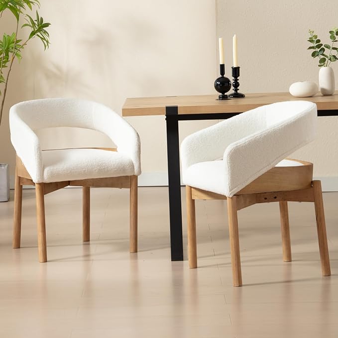 DUOMAY Modern Sherpa Dining Chairs Set of 2, Open Back Kitchen Chairs with Solid Wood Legs Upholstered Curved Back Side Chairs for Kitchen Restaurant, Fur White