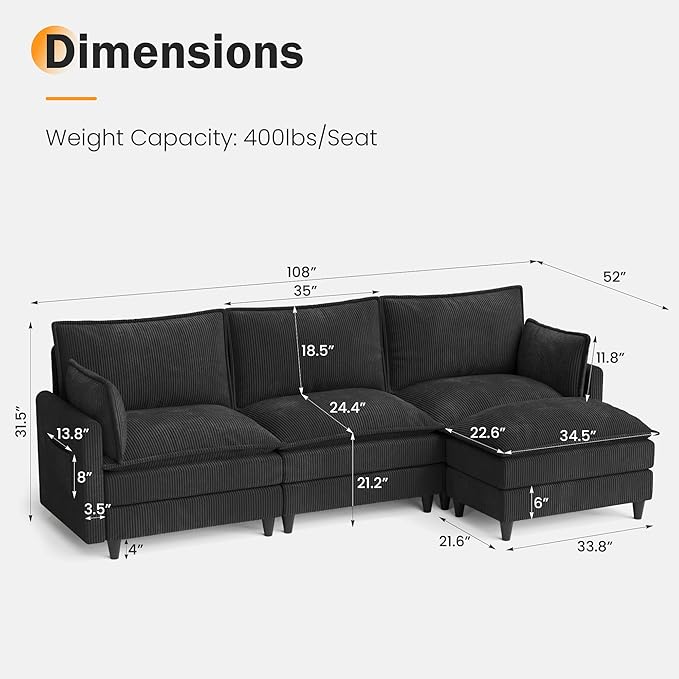 Apicizon 108" Cloud Couch Sectional, L Shaped Cloud Sofa with Side Storage Pocket, Modern Corduroy Sofa Set for Living Room, Office, Black