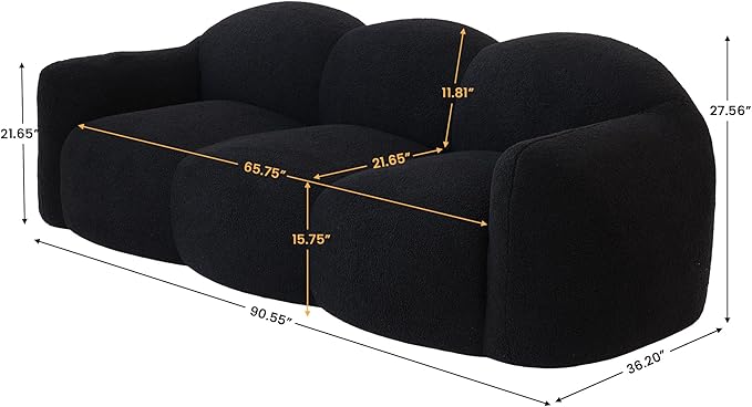JACH Small Minimalist Sofa for Apartment, Modern Comfy Upholstered Sofas, Boneless Leisure Couches, 3-Seater Cloud Couch for Living Room Bedroom, Small Space (Black, No Assembly Required)