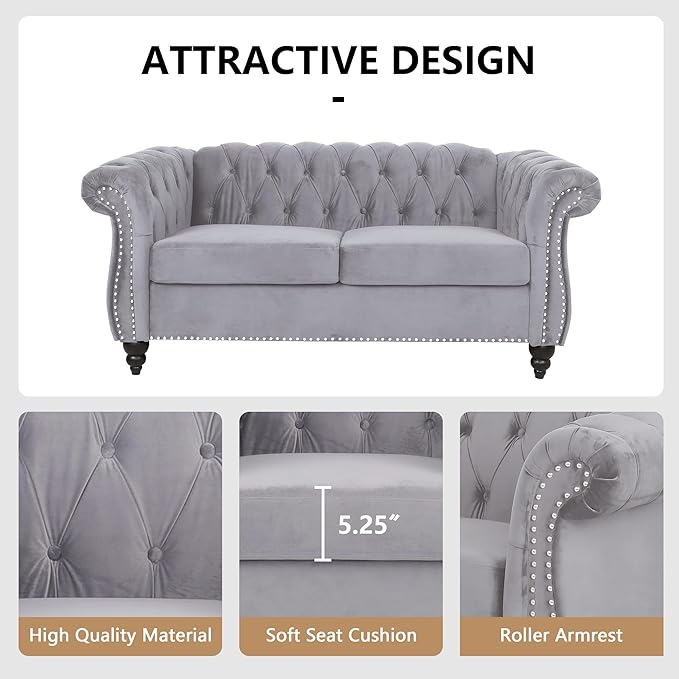 QHITTY Accent Sofa, Chesterfield Loveseat Modern Velvet Couch Upholstered Sofa with Tufted Back for Living Room Furniture (Grey)