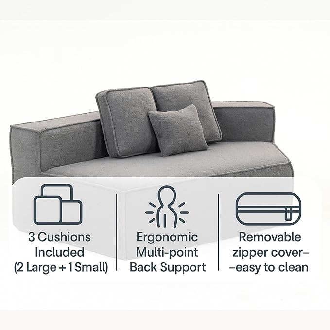 KEIKI 132" Teddy Fabric Oversized Modular Sofa Full Foam Support Soft Deep Seat Sectional Couch for Home Office Creative Studio Reading Lounge Long Sitting Comfort Modern Interior Style