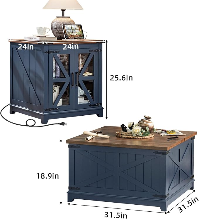 Farmhouse Coffee Table Sets 3 Pieces, Large End Side Tables with Charging Station and Coffee Table with Hidden Storage Compartment, Blue Living Room Table Set, Wood Furniture Sets for Home Office