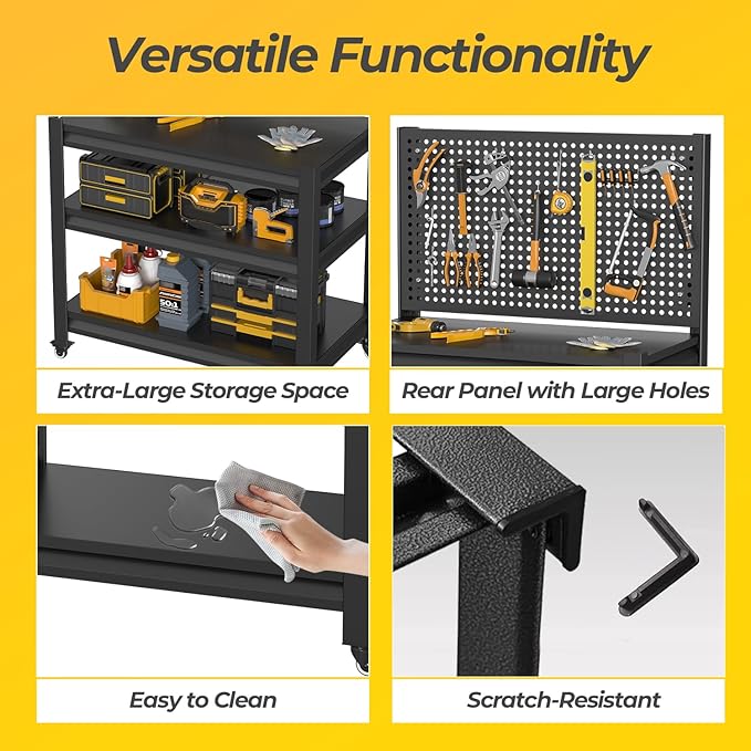 2 Sets Work Bench with Pegboard,Heavy Duty 3000lbs Capacity Workbench with Wheels Adjustable Shelves,Tool Cart,Work Table 47.2" H*33.46" W*18" D