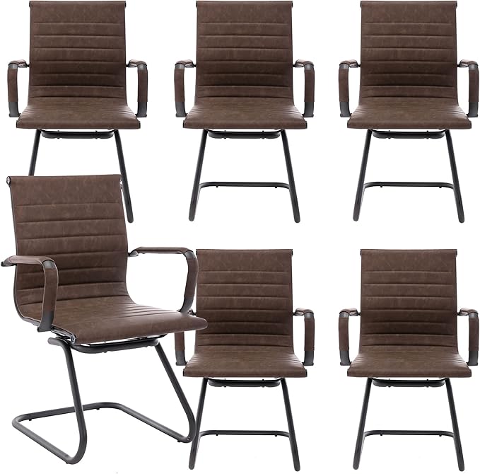 DM Furniture Office Desk Chair No Wheels Set of 6 PU Leather Computer Chairs Mid Back Guest Chairs for School Reception Conference Waiting Room, Vintage Brown