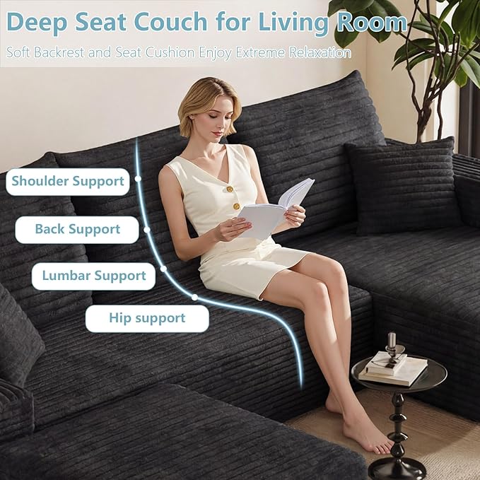 95" Cloud Sectional Couch with Ottoman,Modern U-Shaped Cloud Couch with Deep Seat,Comfy Corduroy 3-Seater Sofa,Memory Foam Sofa for Living Room,No Assembly (Black,Right-Facing Chaise)
