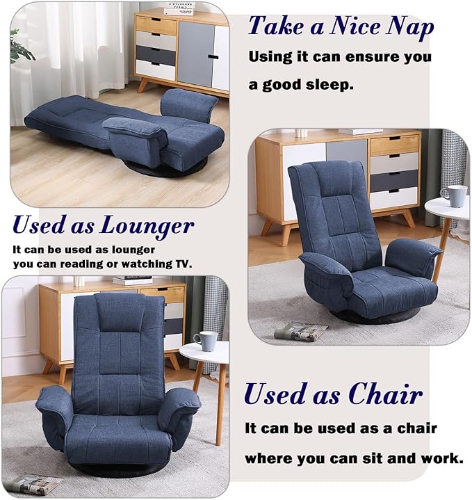 360 Degree Swivel Floor Chairs for Adults, Gaming Floor Chair with Back Support, 14 Angles Adjustable Comfortable Floor Lounge Chair Folding Video Game Chairs Office Bedroom 201(Blue)
