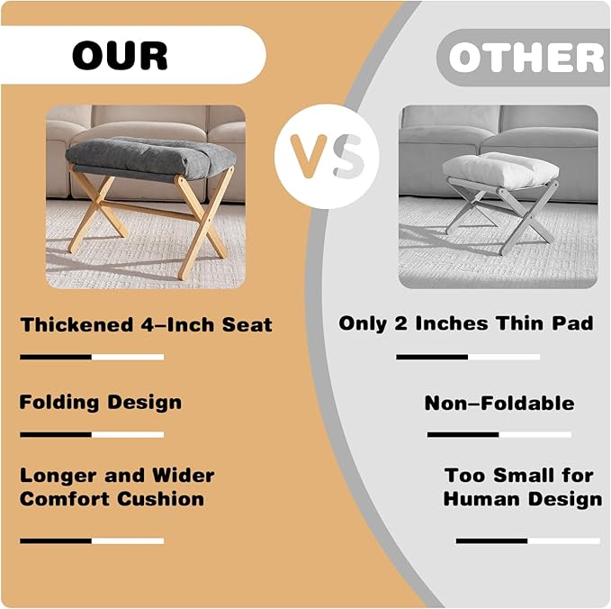 Folding Upholstered Footrest Stool, Small Accent Ottoman with Thick Cotton Cushion & Bamboo X Legs, Modern Padded Sofa Stool for Makeup Bedroom Living Room, Grey