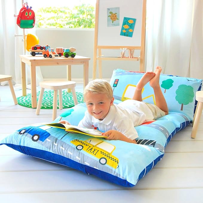 Butterfly Craze Floor Pillow Case - Versatile Lounge Seat & Floor Bed - Custom Support for Sleeping Pad & Guest Bed - Machine Washable Cover & Ground Cushions - Queen Size, Cars Blue