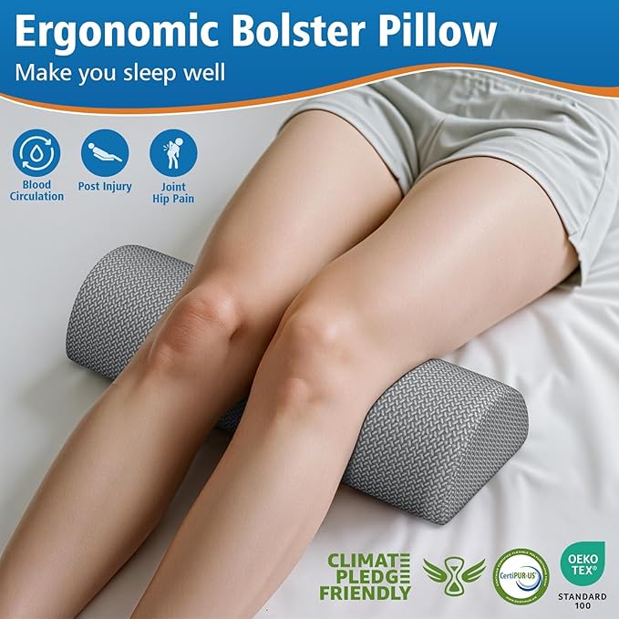 Large Knee Pillow for Side Sleepers, Half Moon Memory Foam Bolster Pillow for Legs,Ergonomic Design Wedge Elevation Pillow for Side & Back Sleeping,Under Knee Support,Foot,Ankle, Lumbar,Gray - 2 Pack