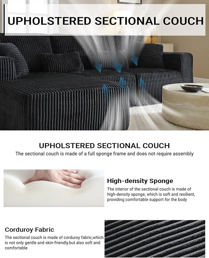110” Modular Sectional Sofa, Cloud Sectional Couch with Deep Seat, Upholstered Boneless Couches for Living Room, Modern Modular L-Shape Sofa Couch with Chaise (Black, 110" Left Facing Chaise)