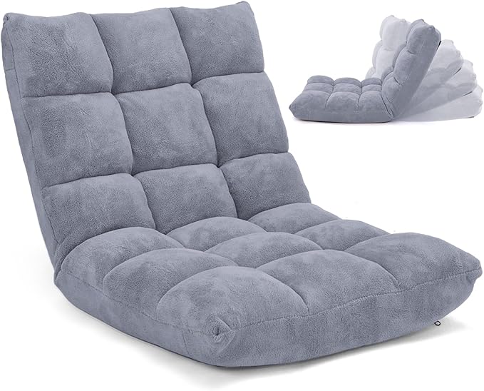 Floor Chair with Back Support, Foldling Gaming Sofa Chair with Comfy Cushion, Adjustable 14-Position Meditation Chairs, Lazy Lounge Recliner Reading Seat for Adults, Kids (Grey)