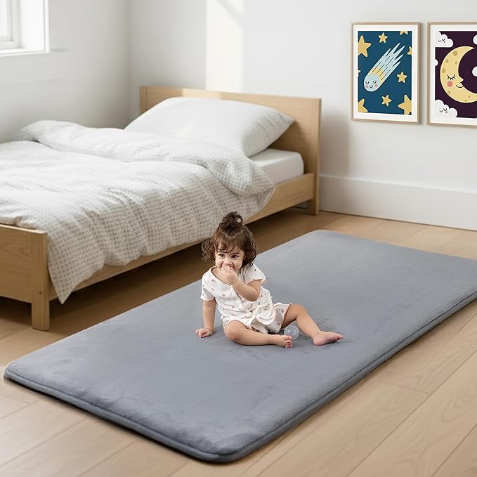 PaPaMat 1.3" Thick Baby Bedside Floor Mat for Bedroom, Basic Padded Foam Soft Plush 28x72 Runner Rug with Non Slip Cushioned for Nursery Playroom (Light Grey)