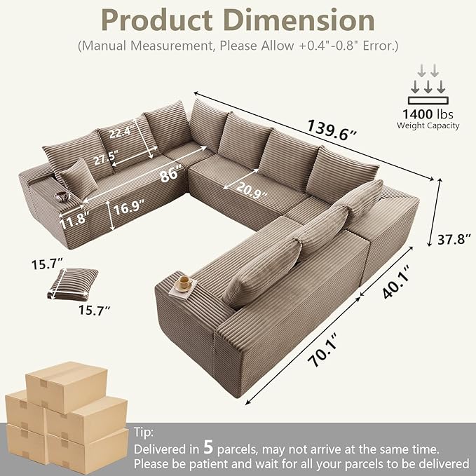 Sectional Cloud Couch for Living Room, Big Comfy Corduroy Couches Set with Fluffy Memory Foam, Modular Floor Deep-Seat Sofa, Stupendous U Shaped Sofas with 12 Pillows, No Assembly Required, Camel