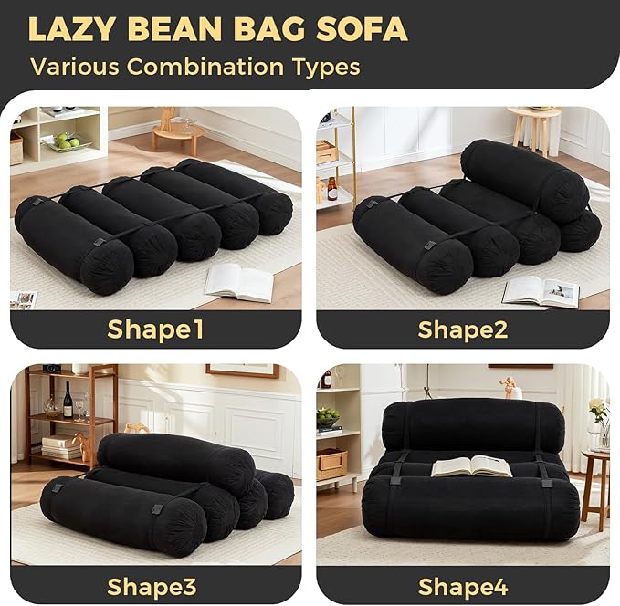 Ekskiei Bean Bag Chair, Corduroy Sectional, Flexible Floor Seating Lazy Sofa, Soft Foam Filled Lounger, Non-Removable Cover, Reconfigurable Design,Living Room,Bedronm&Offices,Black