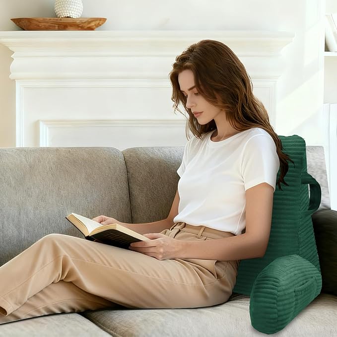 ABROLOY Reading Pillow for Sitting in Bed Adult, Bed Reading Pillow with Shredded Memory Foam, Back Pillow for Sitting with Arms and Pockets, Green