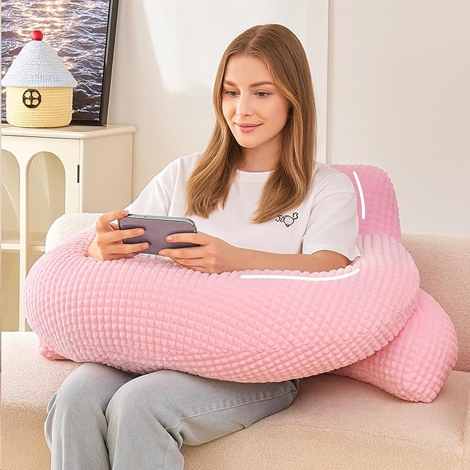 PAJEO Reading Pillow for Bed,U Shaped & Back Support Pillow for Bed,17" Backrest with Lumbar & Arm Support,Comfy Flannel Fabric,Lap Pillow for Gaming/Reading/Watching TV,Pink