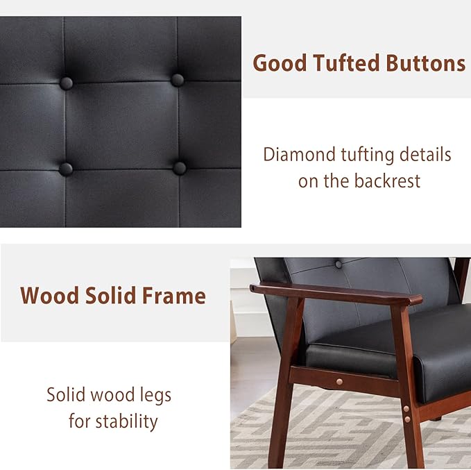 JIASTING Mid-Century Retro Modern Accent Chair Wooden Arm Upholstered Tufted Back Lounge Chairs Seat Size 24.4" 18.3" (Deep) (Square Leg Black)