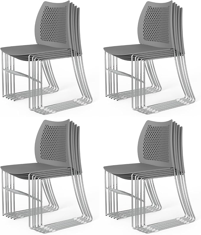 VINGLI Stacking Chairs Set of 20 Stackable Office Chairs with Metal Sled Base, Ergonomic Plastic Seat & Holes Back, Stacking Chairs for Waiting Room Break Room Banquet Guest, Grey