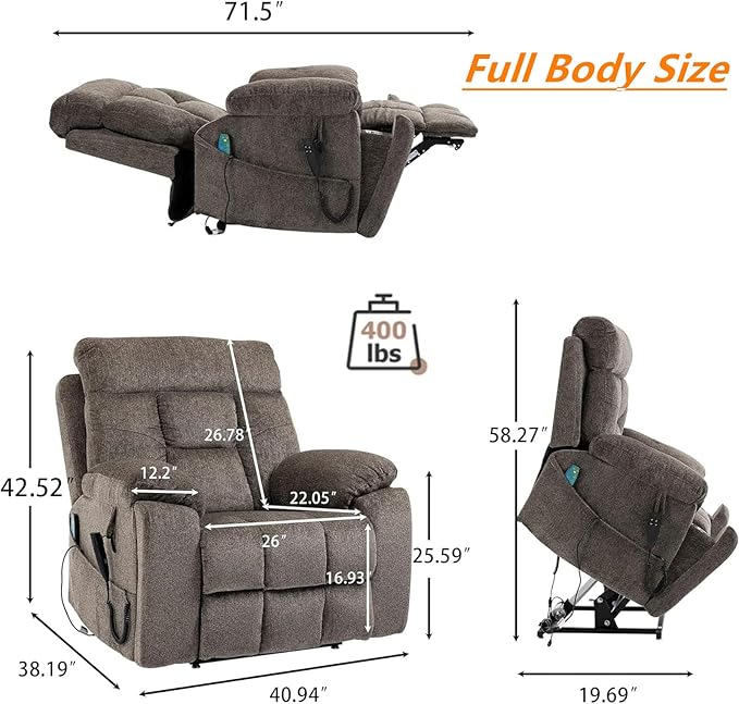 Oversized Lift Chair Heated Vibration Recliner with Massage and Hidden Cup Holder, Power Lift Recliner Chair for Elderly, Big Man 400lbs, Lay Flat Recliner Chairs Extra Wide for Sleeping