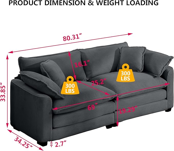 Aoowow Corduroy Loveseat Couch,Modern 2 Seater Cloud Couches for Living Room,Modular Sectional Cloud Sofas with Deep Seat,Large Love Seat for Small Spaces,Apartment,Office. (Grey, 2 Seater)