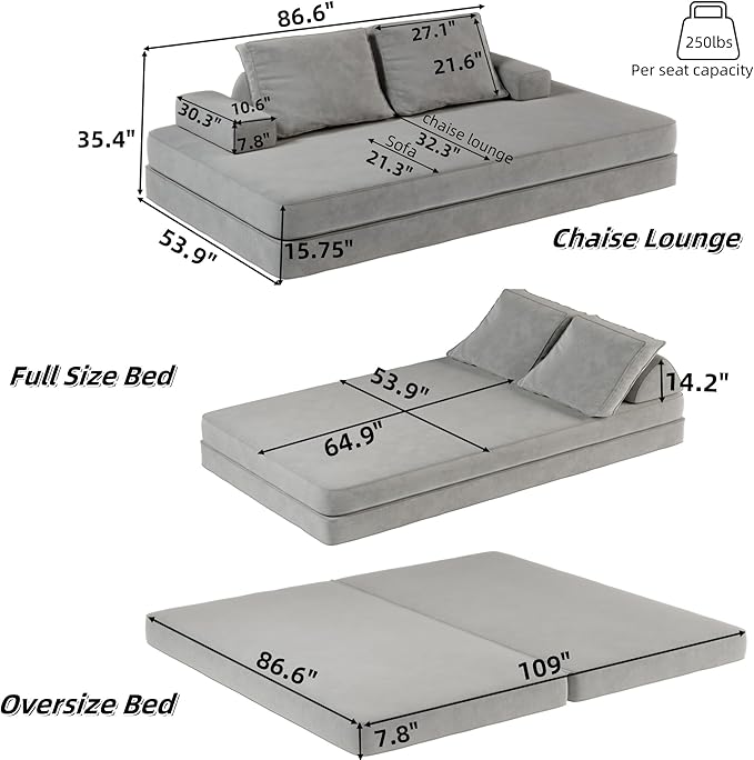 Convertible Sleeper Sofa Bed Floor Sofa,86.6" King Size Folding Mattress Couch with Pillow,Upholstered Boneless Cloud Couch for Apartment Living Room Bedroom (Light Gray)