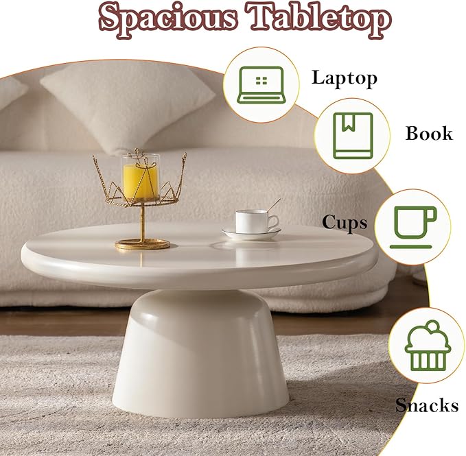 31.5in Cream White Coffee Table, Mid-Century Minimalist Round Low Floor Tea Table, with 19.69in Sturdy Pedestal, for Small Space (Cream White 31.5in)