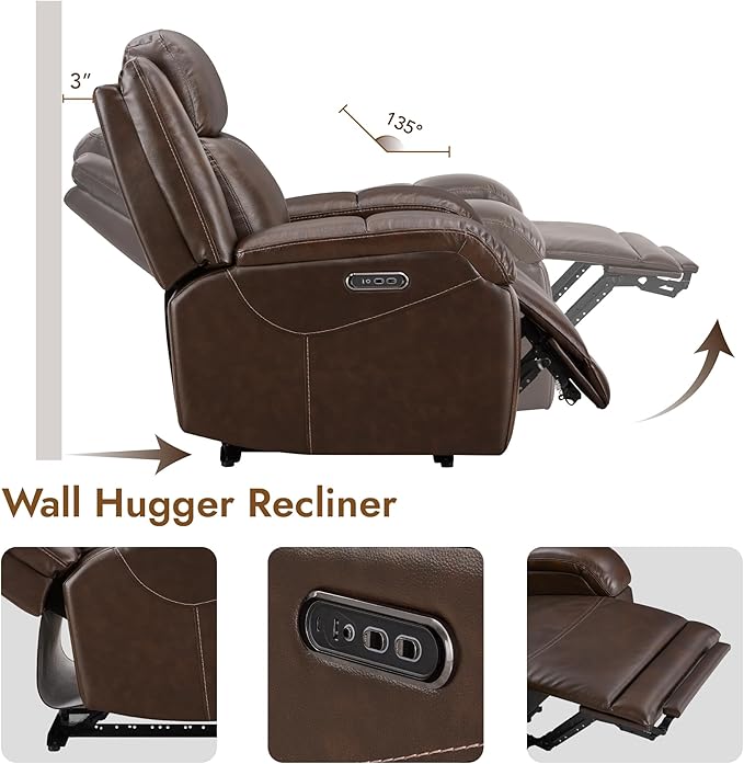 Watson & Whitely Oversized Genuine Leather Power Recliner Chairs for Big and Tall, Wall Hugger Recliner with Power Headrest & Charging Ports, Extra Large Reclining Chair for Living Room, Dark Brown