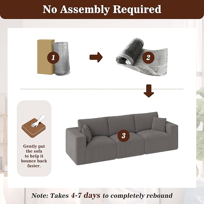 110" Modular Sectional Sofa, Cloud Couch Memory Foam 3-Seater Boneless Sofa, Cozy Upholstered Corduroy Frameless Couch, No Assembly Required Extra Wide Seating for Living Room & Apartment, Grey