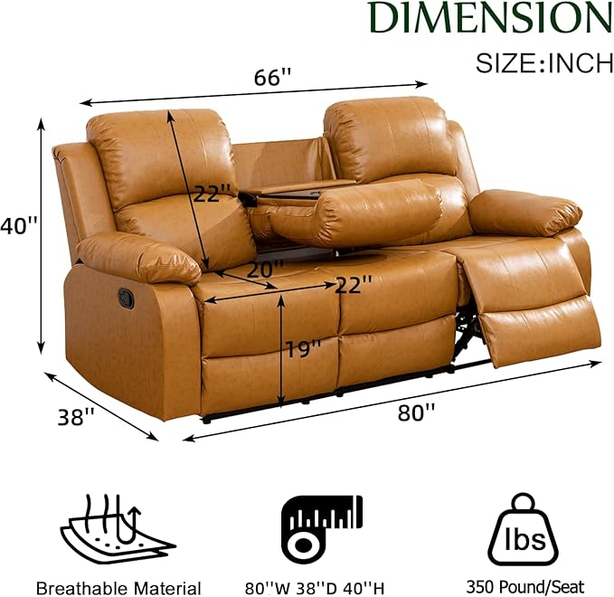 Caberryne Leather Recliner Sofa，Reclining Sofa for Living Room Furniture Sets，Ginger Wall Hugger Recliner Couch with Cupholder for Living Room/Office/Theater Seating(3 Seater Sofa)