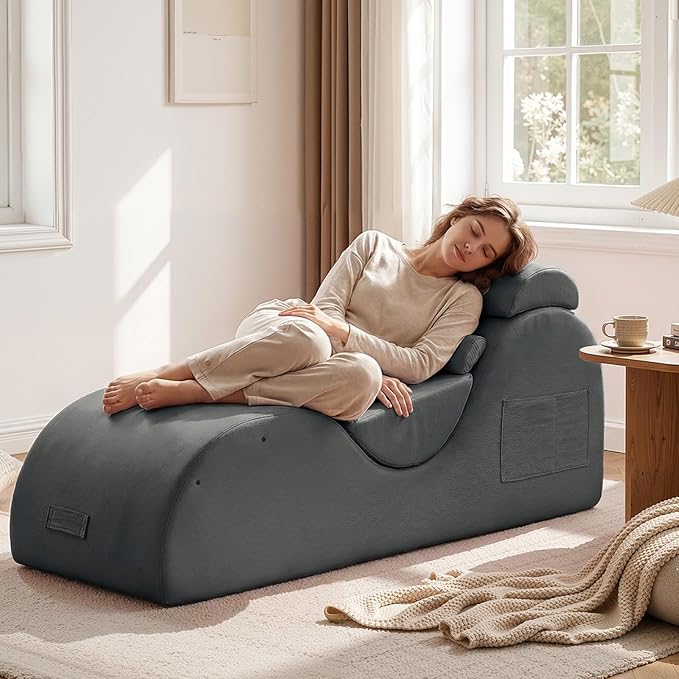 Yoga Chaise Lounge Chair, S-Shaped Floor Sofa with Moveable Headrest, Lumbar Pillow, Support Cushion, Footrest, Non-Slip Base, No-Assembly Lounger for Stretching, Meditation & Relaxation (Grey)