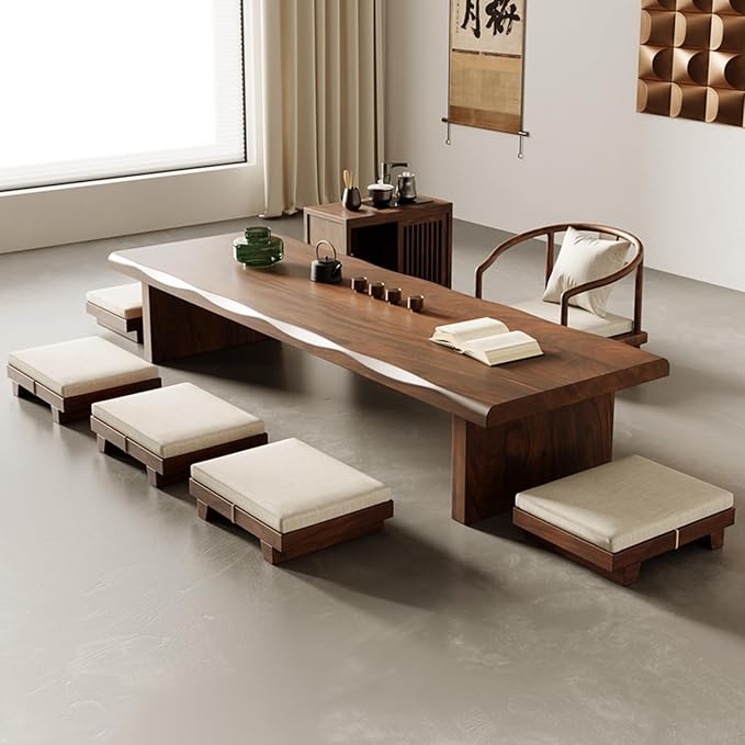Solid Wood Japanese Tea Table, Simple and Modern Low Design, Tatami Tea Style, Zen-Inspired Kotatsu, Bay Window Seating, Floor Style (Walnut, 140 * 60 * 35cm)