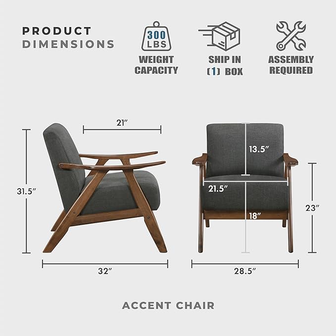 Lexicon Mid Century Modern Accent Chair with Solid Wood Frame in Walnut Finish, Upholstered Living Room Lounge Arm Chair, Thick and Comfy Innerspring Seat Cushion, Linen-Look Fabric, Dark Grey