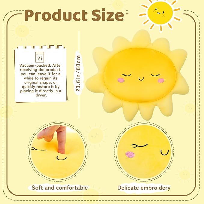 Juexica 1 Pcs Sun Pillow Plush Sofa Cushion Cute Stuffed Sun Shaped Floor Pillow Car Throw Soft Toy for Kids Women Girls Bed Home Decoration (23.6 Inch)