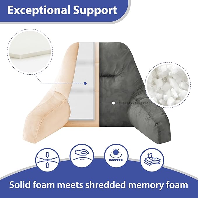 IASEAHK Reading Pillows for Sitting in Bed Adult, Back Pillow for Bed Sitting Up, Backrest Pillows with Shredded Foam for Adult&Teens, Support Pillow with Arms for Beds, Couch, Floor, 24in, Beige