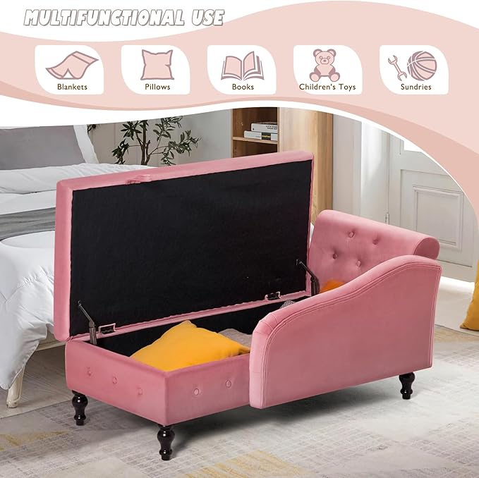 ACMEASE Upholstered Velvet Chaise Lounge with Left Armrest & Storage Space,Button Tufted Lounge Chair w/Lumbar Pillow,Modern Lounge Chair for Bedroom, Living Room and Office,Pink