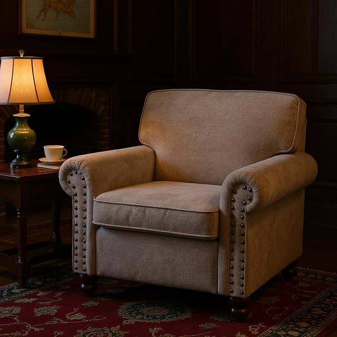 Nailhead Armchair, Rolled Arms Accent Chair for Living Room, Single Sofa Chair with Springs Seat Cushion & Wooden Legs, Mid-Century Armchair for Apartment, Office, Farmhouse, Beige